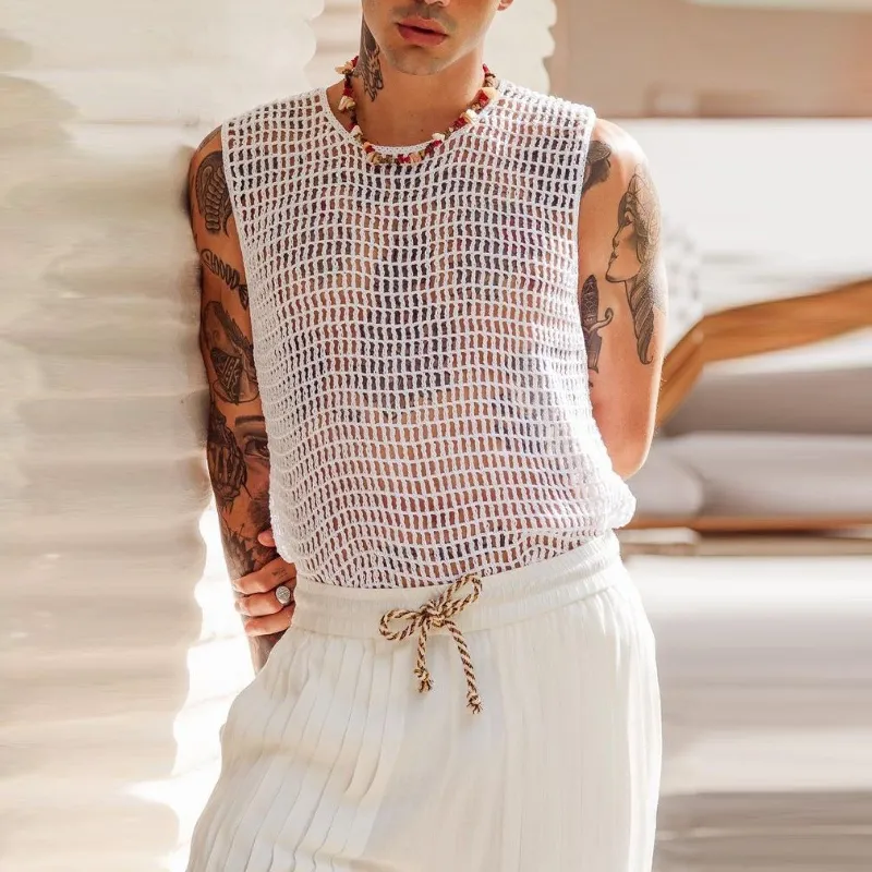 Men's Casual Round Neck Loose Hollow Crochet Tank Top 16401600M sold by Manly product image thumbnail 3