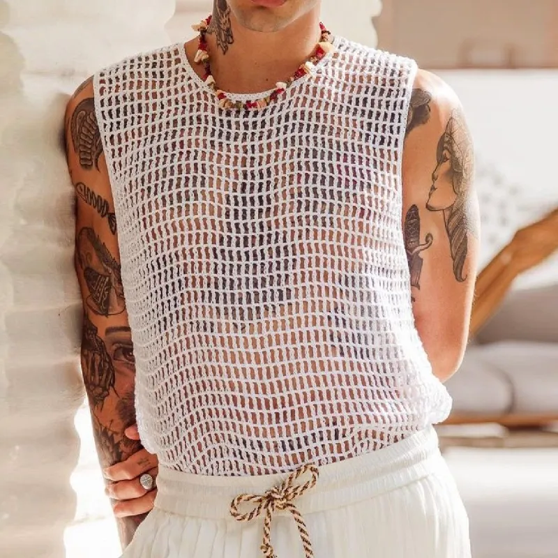 Men's Casual Round Neck Loose Hollow Crochet Tank Top 16401600M sold by Manly product image thumbnail 2