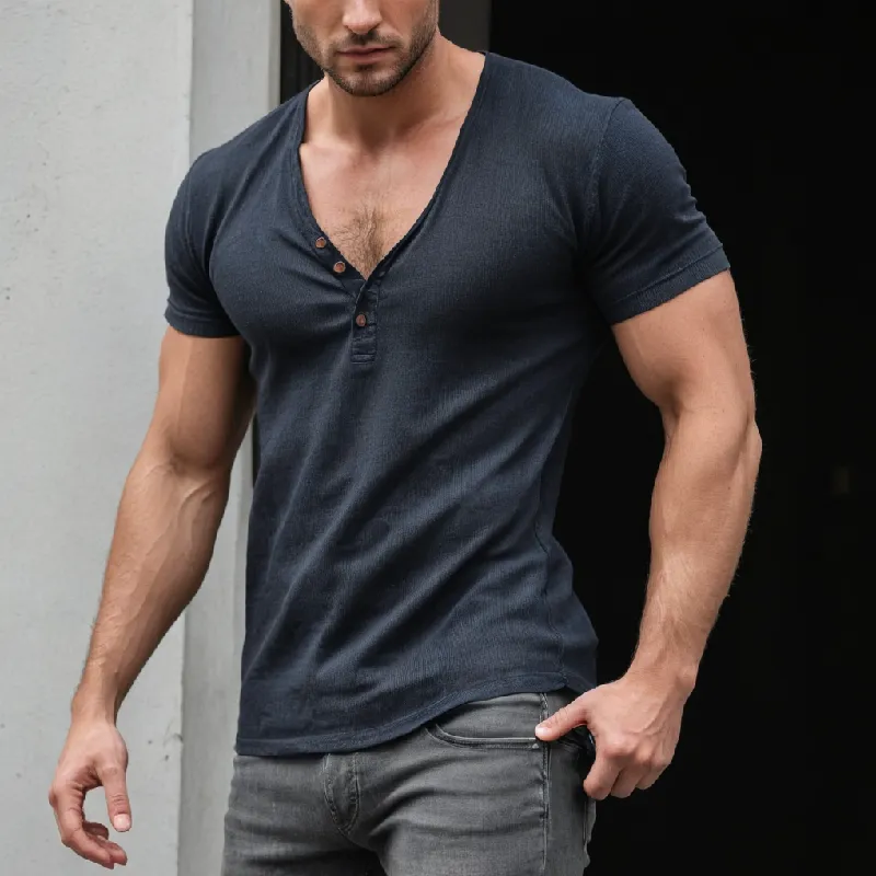 Men's Casual Striped V-neck Slim Short-sleeved T-shirt 68447410M sold by Manly product image thumbnail 2