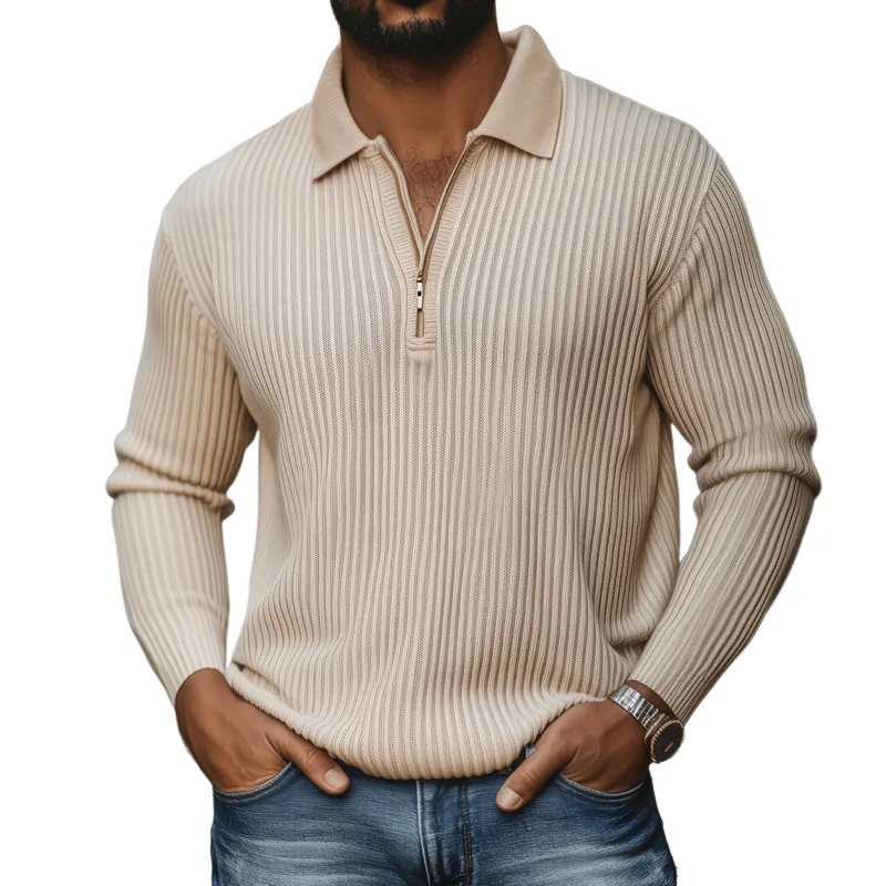 Men's Solid Knitted Striped Lapel Long Sleeve Casual Polo Shirt 81297219Z sold by Manly