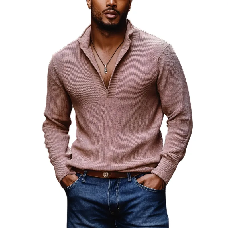 Men's Solid Color Knitted Stand Collar Long Sleeve Sweater 09400623Z sold by Manly