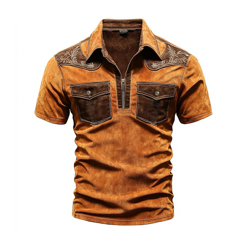 Men's Classic Western Style Slim Fit Embroidered Pocket Suede Polo Shirt 76043940K sold by Manly