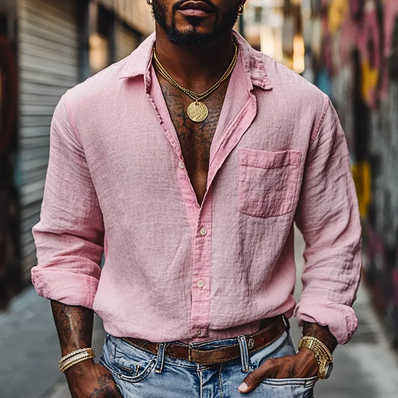 Men's Solid Color Cotton And Linen Lapel Long Sleeve Casual Shirt 67053462Z sold by Manly product image thumbnail 2