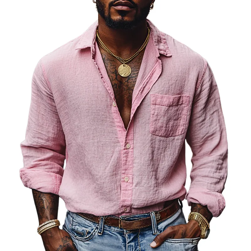 Men's Solid Color Cotton And Linen Lapel Long Sleeve Casual Shirt 67053462Z sold by Manly
