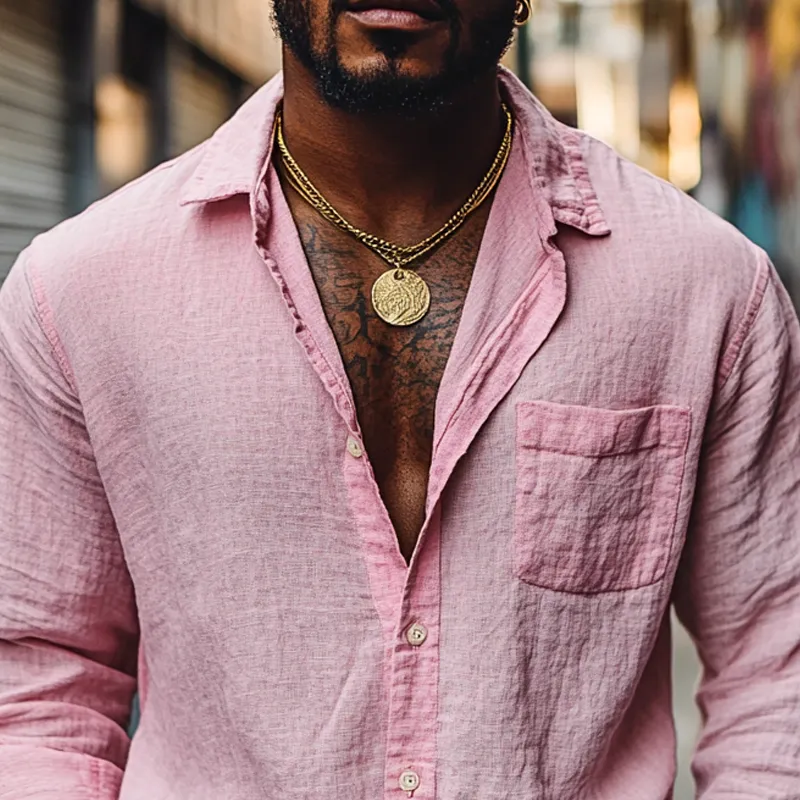 Men's Solid Color Cotton And Linen Lapel Long Sleeve Casual Shirt 67053462Z sold by Manly product image thumbnail 3
