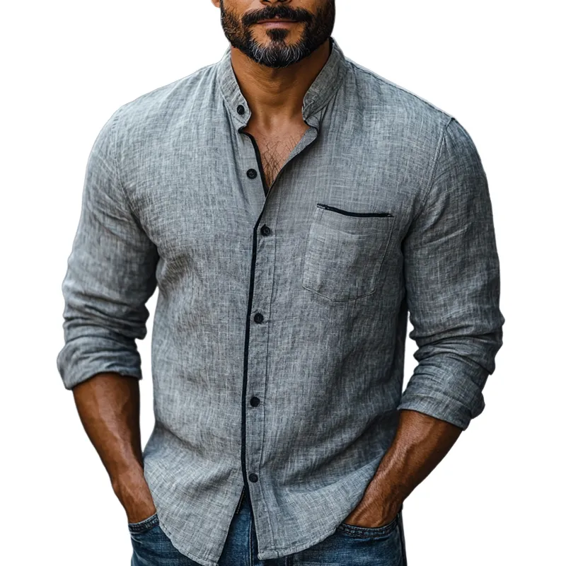 Men's Cotton And Linen Colorblock Trim Stand Collar Long Sleeve Casual Shirt 03916842Z sold by Manly