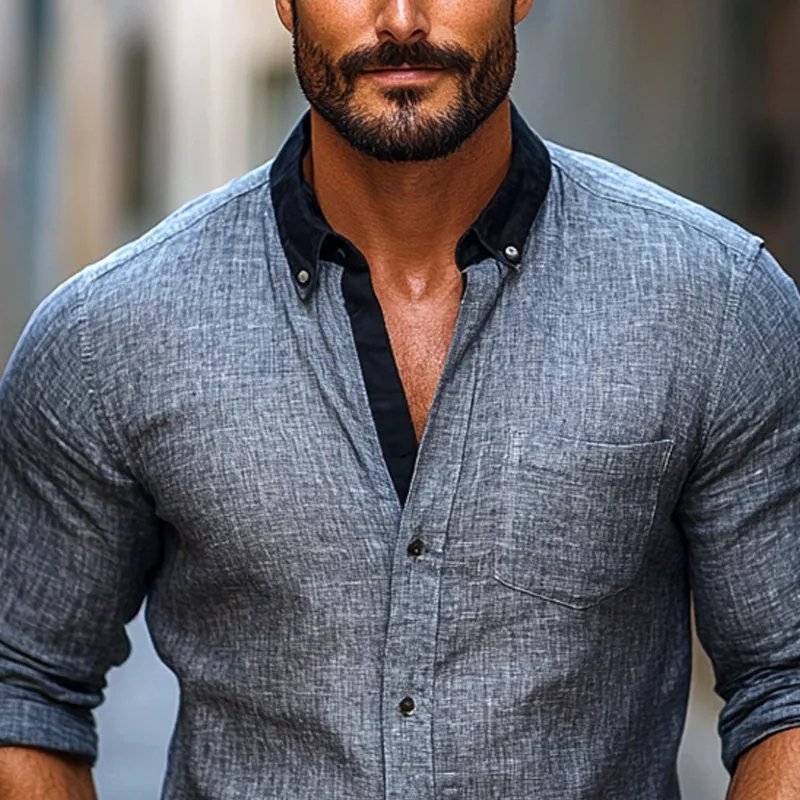 Men's Color Block Cotton And Linen Lapel Long Sleeve Casual Shirt 25011762Z sold by Manly product image thumbnail 3