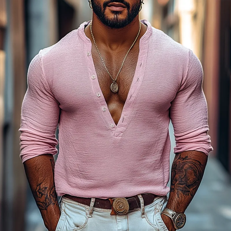 Men's Solid Color Henley Collar Long Sleeve Casual T-shirt 85797246Z sold by Manly product image thumbnail 2