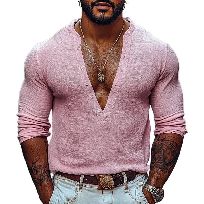 Men's Solid Color Henley Collar Long Sleeve Casual T-shirt 85797246Z sold by Manly