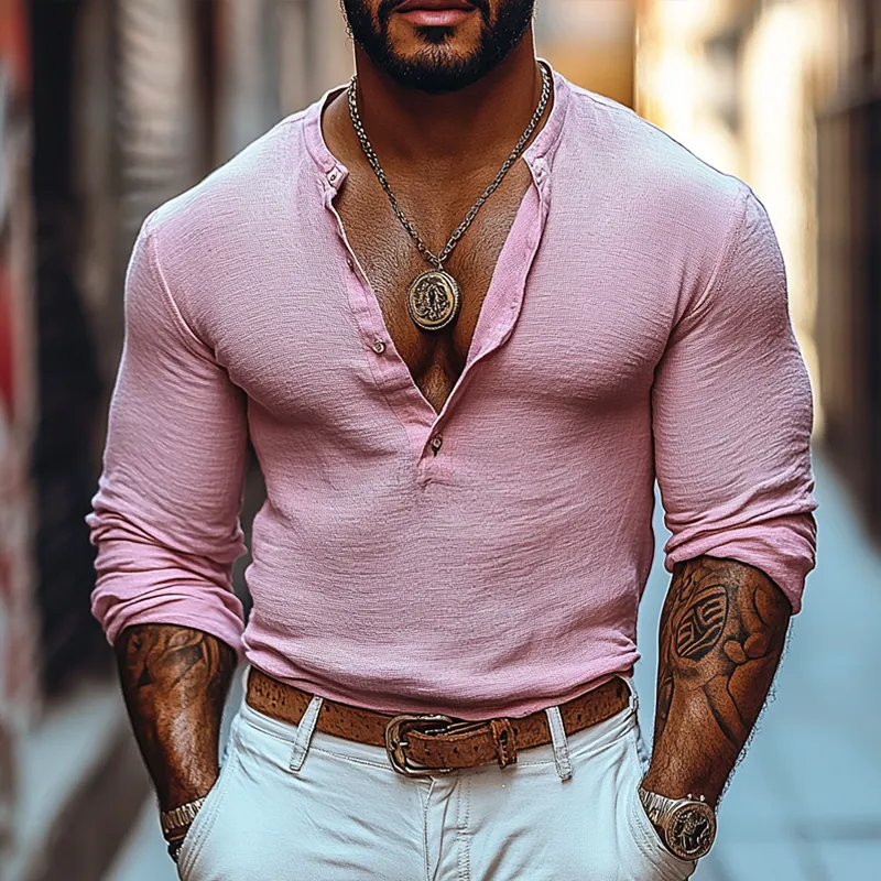 Men's Solid Color Henley Collar Long Sleeve Casual T-shirt 27279790Z sold by Manly product image thumbnail 2
