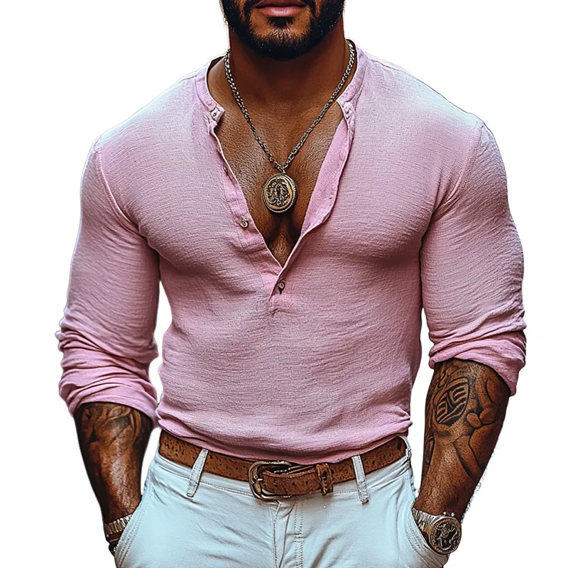 Men's Solid Color Henley Collar Long Sleeve Casual T-shirt 27279790Z sold by Manly