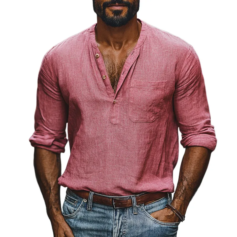 Men's Solid Color Cotton And Linen Henley Collar Long Sleeve Casual Shirt 45276452Z sold by Manly
