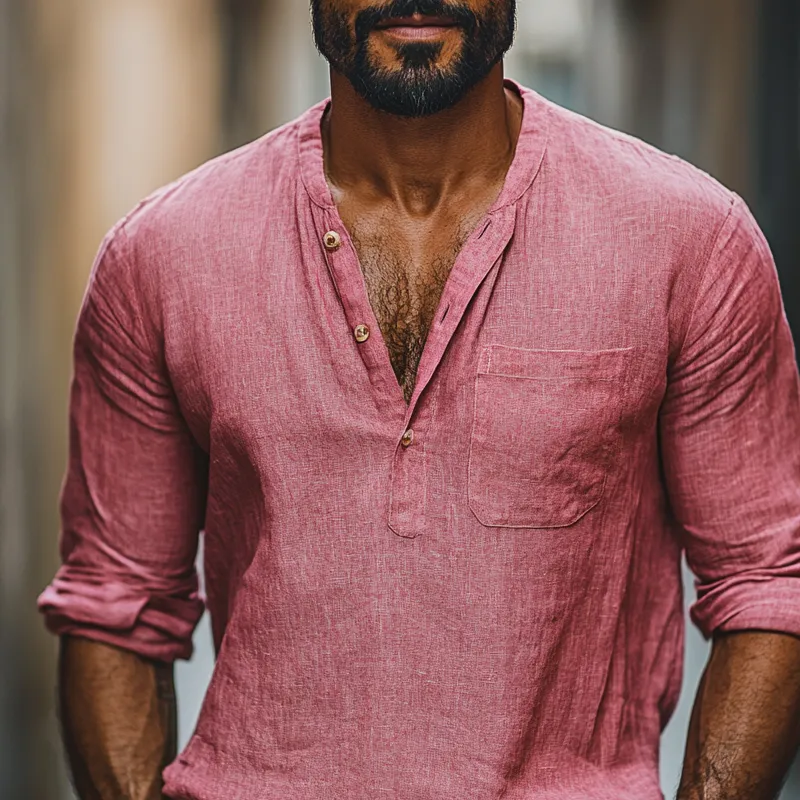 Men's Solid Color Cotton And Linen Henley Collar Long Sleeve Casual Shirt 45276452Z sold by Manly product image thumbnail 3