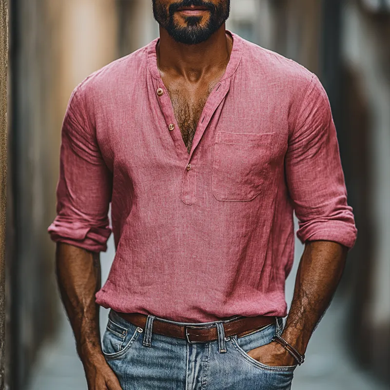 Men's Solid Color Cotton And Linen Henley Collar Long Sleeve Casual Shirt 45276452Z sold by Manly product image thumbnail 2