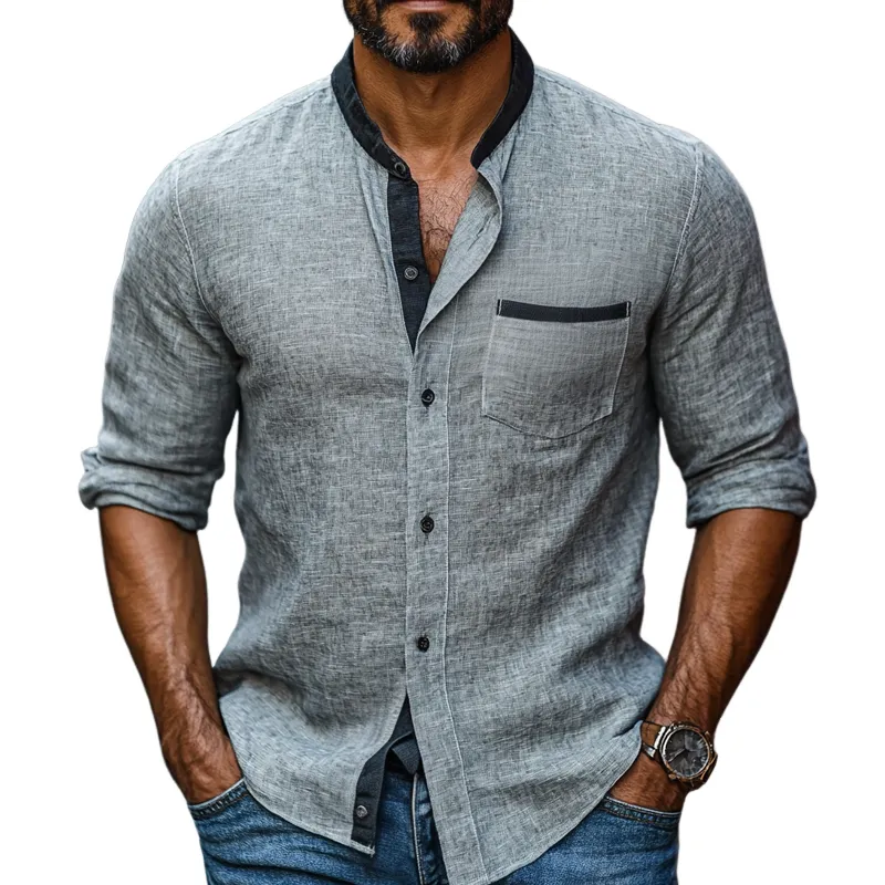 Men's Color Block Cotton And Linen Round Neck Long Sleeve Casual Shirt 38590276Z sold by Manly