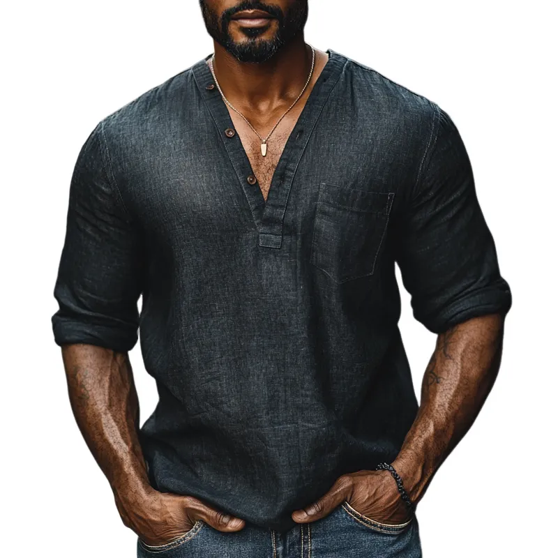Men's Solid Color Cotton And Linen V Neck Long Sleeve Casual Shirt 07198375Z sold by Manly