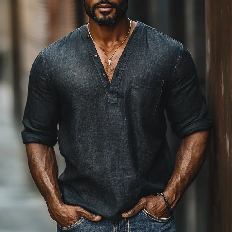 Men's Solid Color Cotton And Linen V Neck Long Sleeve Casual Shirt 07198375Z sold by Manly product image thumbnail 2