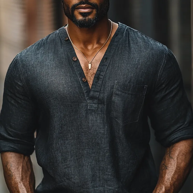 Men's Solid Color Cotton And Linen V Neck Long Sleeve Casual Shirt 07198375Z sold by Manly product image thumbnail 3