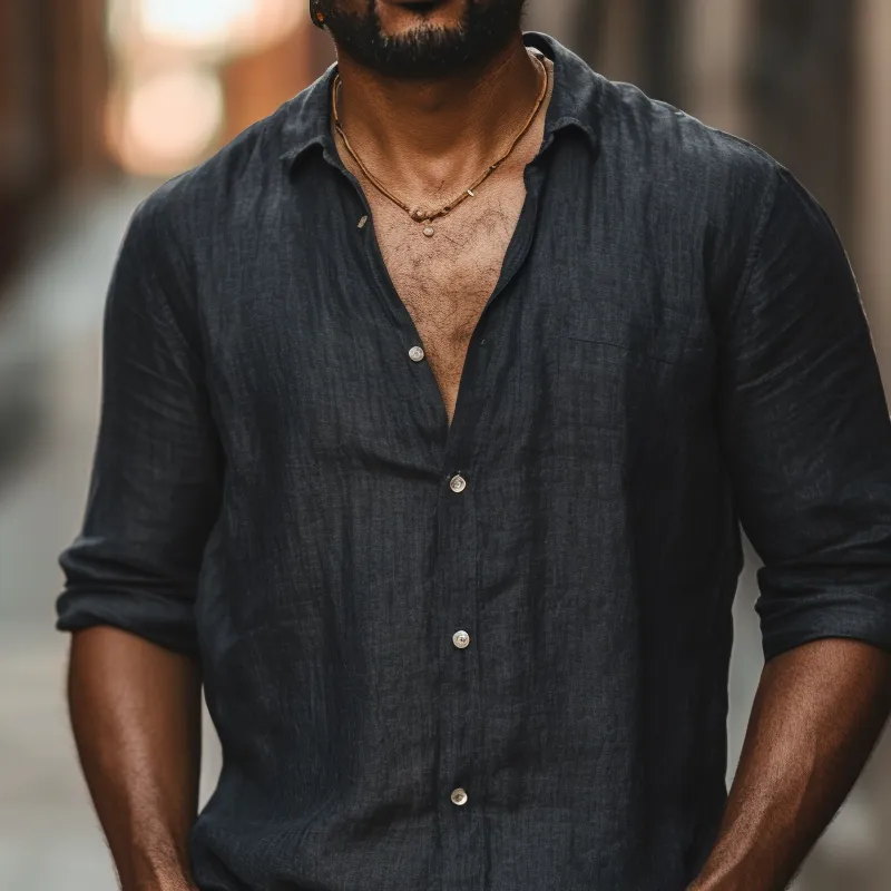 Men's Solid Color Cotton And Linen Lapel Long Sleeve Casual Shirt 06737137Z sold by Manly product image thumbnail 3