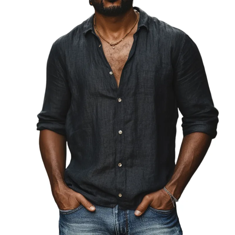 Men's Solid Color Cotton And Linen Lapel Long Sleeve Casual Shirt 06737137Z sold by Manly