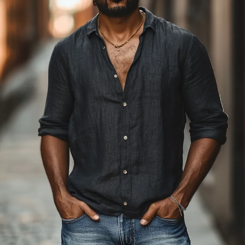 Men's Solid Color Cotton And Linen Lapel Long Sleeve Casual Shirt 06737137Z sold by Manly product image thumbnail 2