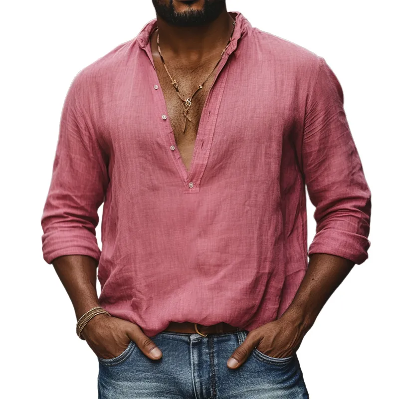 Men's Solid Color Cotton And Linen Henley Collar Long Sleeve Loose Casual Shirt 72565677Z sold by Manly