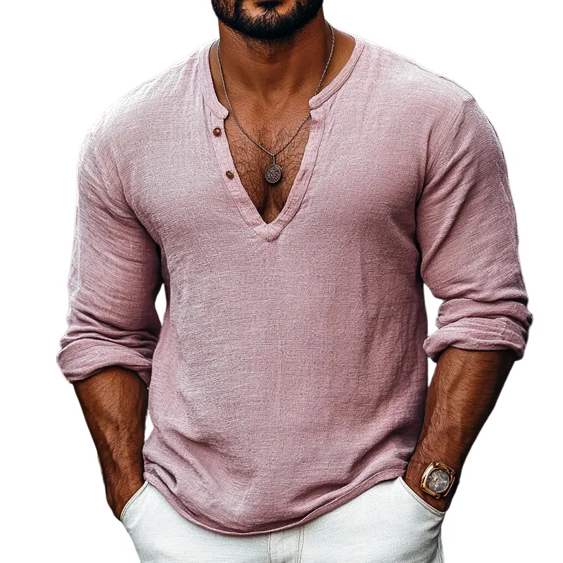 Men's Solid Color Henley Collar Long Sleeve Casual T-shirt 35364830Z sold by Manly