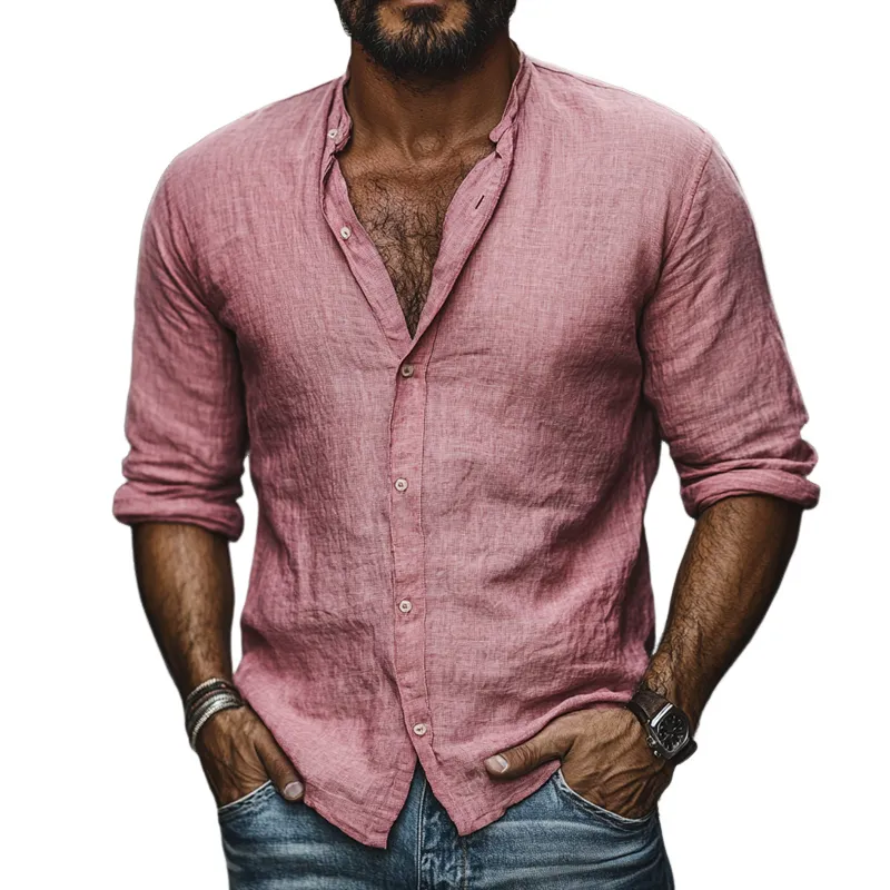 Men's Solid Color Cotton And Linen Round Neck Long Sleeve Casual Shirt 57754997Z sold by Manly