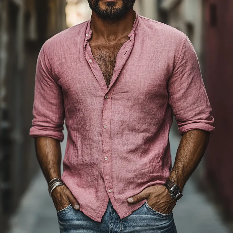 Men's Solid Color Cotton And Linen Round Neck Long Sleeve Casual Shirt 57754997Z sold by Manly product image thumbnail 2