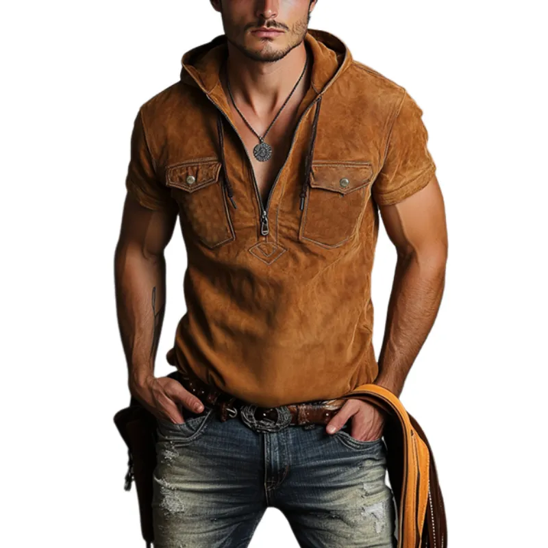 Men's Classic Western Fit Embroidered Suede Hooded V-Neck T-Shirt 15016879K sold by Manly