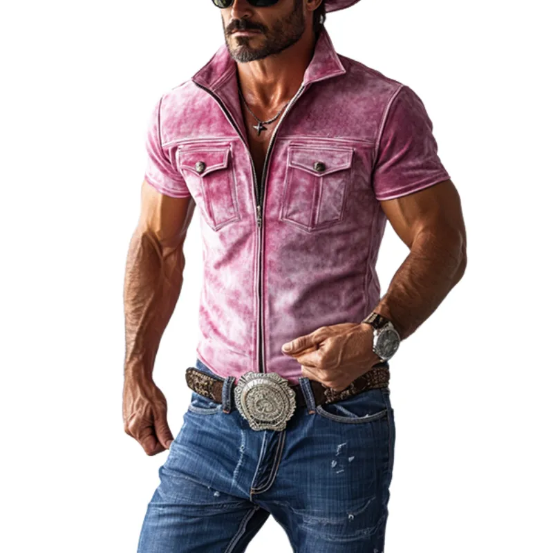 Men's Classic Casual Western Style Stand Collar Slim Suede Shirt 09469921K sold by Manly