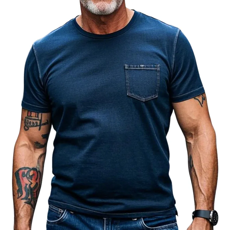 Men's Vintage Casual Round Neck Cotton Blend Short-sleeved T-shirt 09073977F sold by Manly