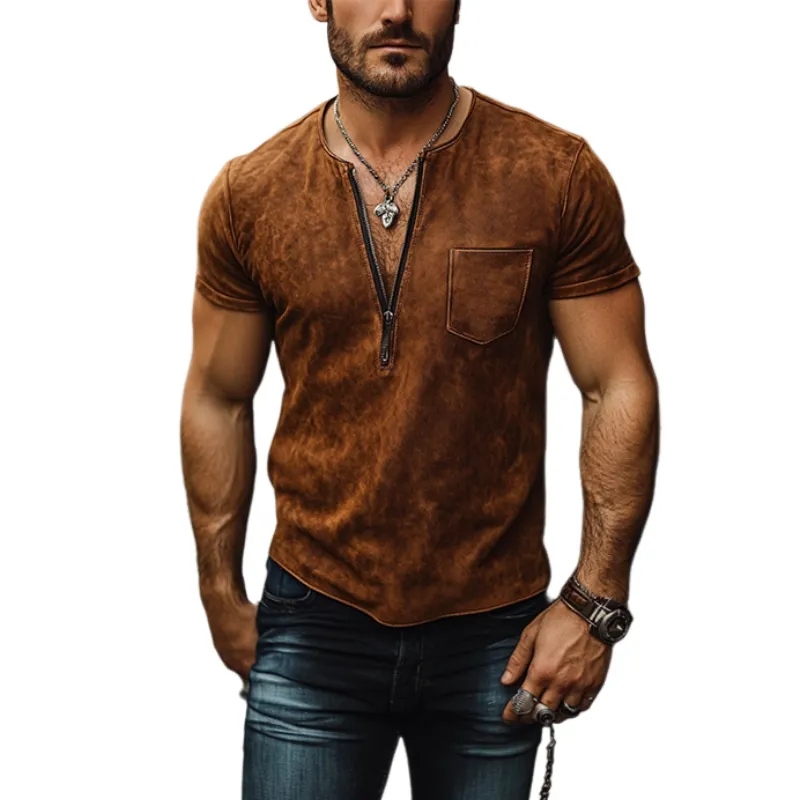 Men's Classic Casual Western Style V-Neck Slim Suede T-Shirt 17308272K sold by Manly