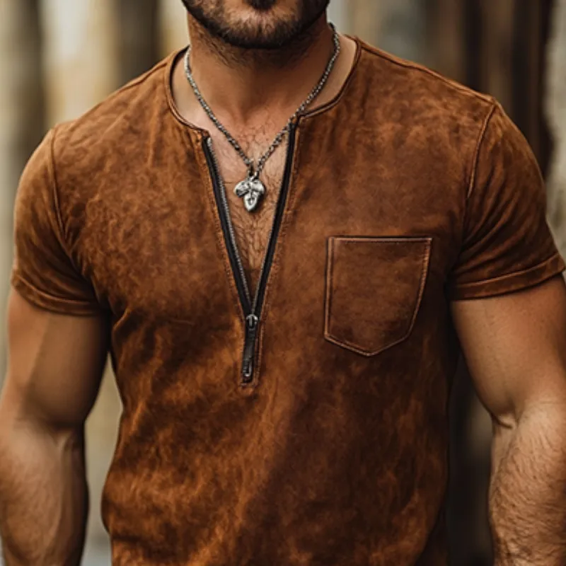 Men's Classic Casual Western Style V-Neck Slim Suede T-Shirt 17308272K sold by Manly product image thumbnail 4