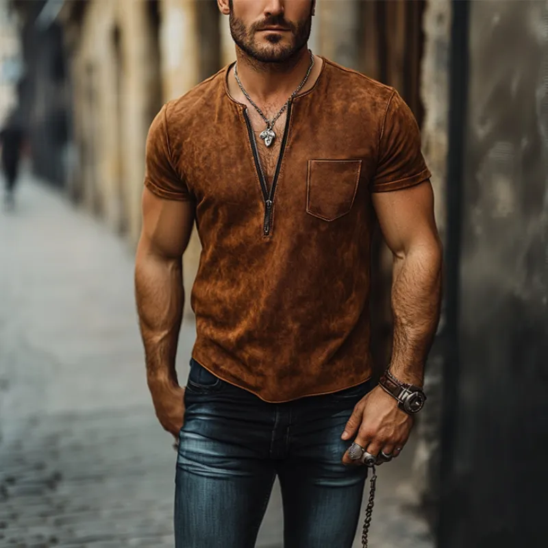 Men's Classic Casual Western Style V-Neck Slim Suede T-Shirt 17308272K sold by Manly product image thumbnail 2