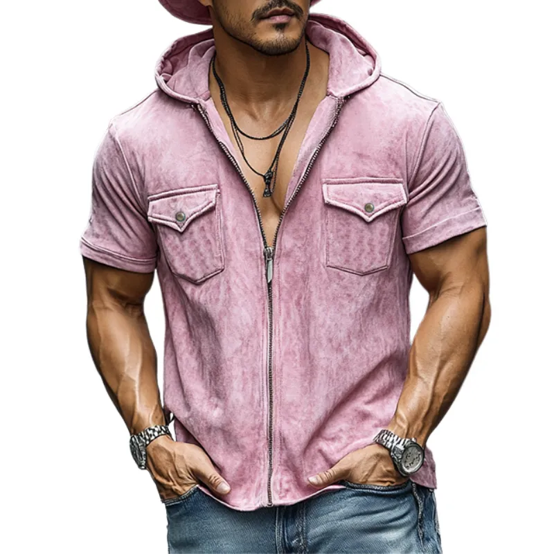 Men's Classic Casual Slim Fit Zip-Up Suede Hooded Shirt 91413595K sold by Manly
