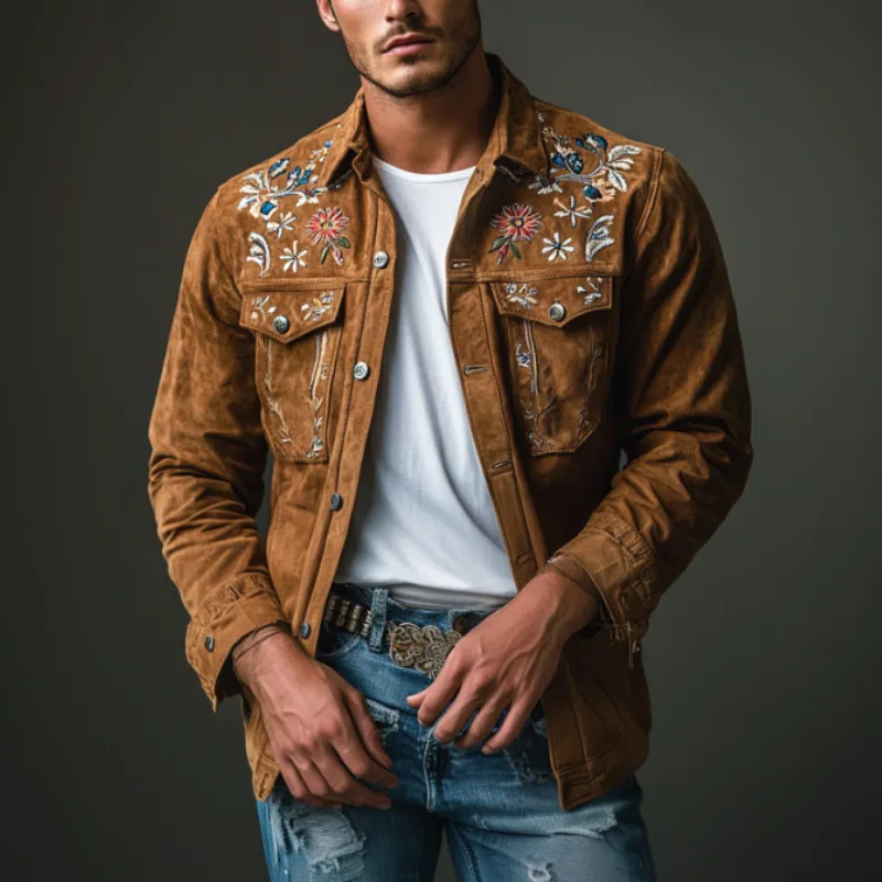 Men's Classic Casual Embroidered Suede Slim Fit Long Sleeve Western Shirt 92399182K sold by Manly product image thumbnail 3