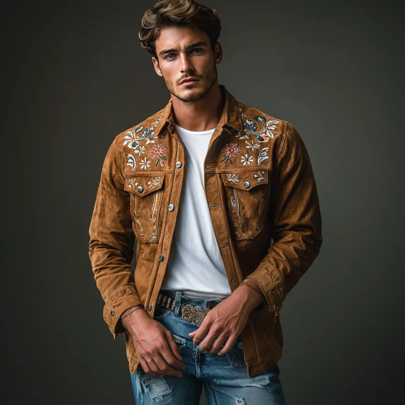 Men's Classic Casual Embroidered Suede Slim Fit Long Sleeve Western Shirt 92399182K sold by Manly product image thumbnail 2