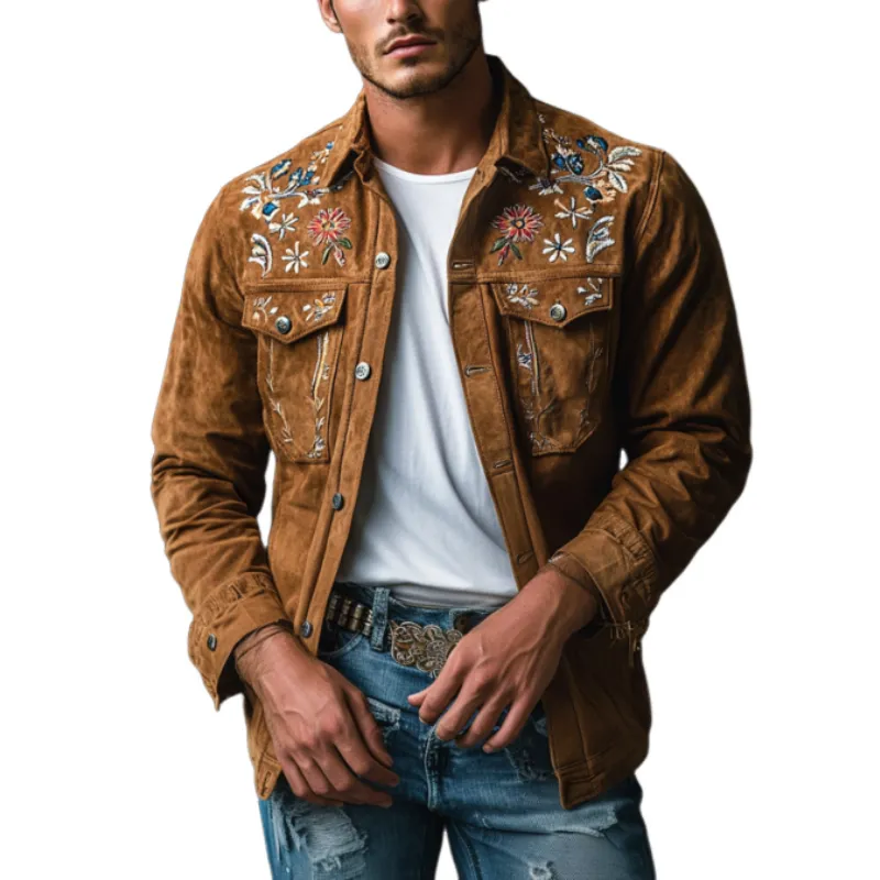 Men's Classic Casual Embroidered Suede Slim Fit Long Sleeve Western Shirt 92399182K sold by Manly