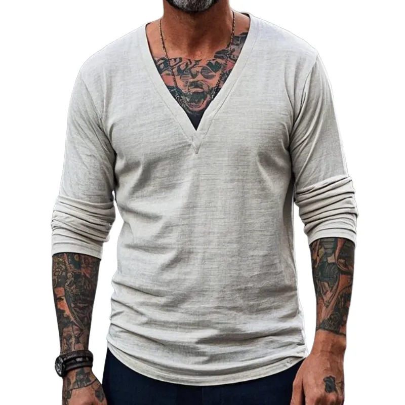 Men's Vintage Casual V-neck Long-sleeved T-shirt 93289081F sold by Manly