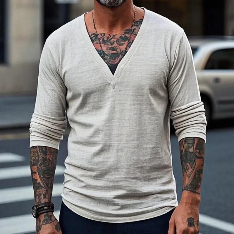 Men's Vintage Casual V-neck Long-sleeved T-shirt 93289081F sold by Manly product image thumbnail 2