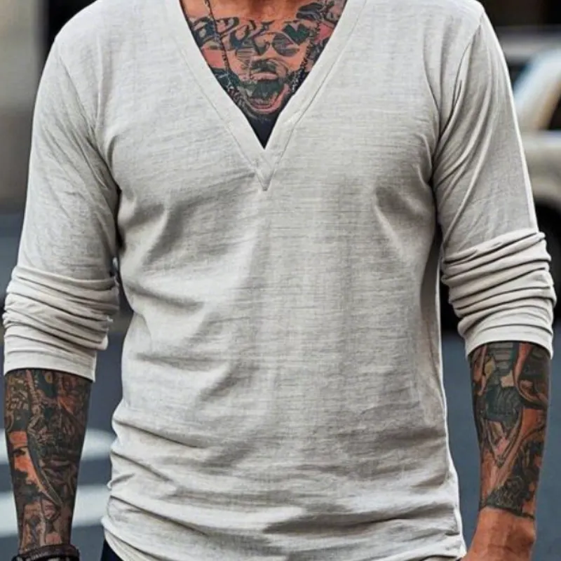 Men's Vintage Casual V-neck Long-sleeved T-shirt 93289081F sold by Manly product image thumbnail 3