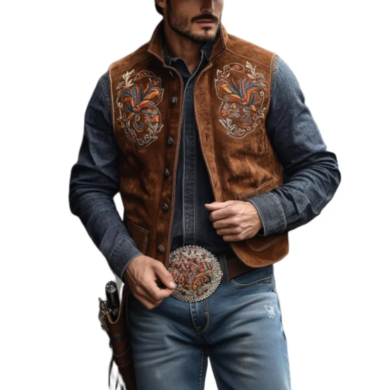 Men's Vintage Western Embroidered Suede Stand Collar Vest 67577310K sold by Manly