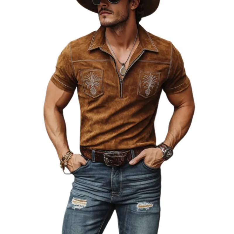 Men's Classic Western Style Embroidered Suede Slim Fit Polo Shirt 92676878K sold by Manly