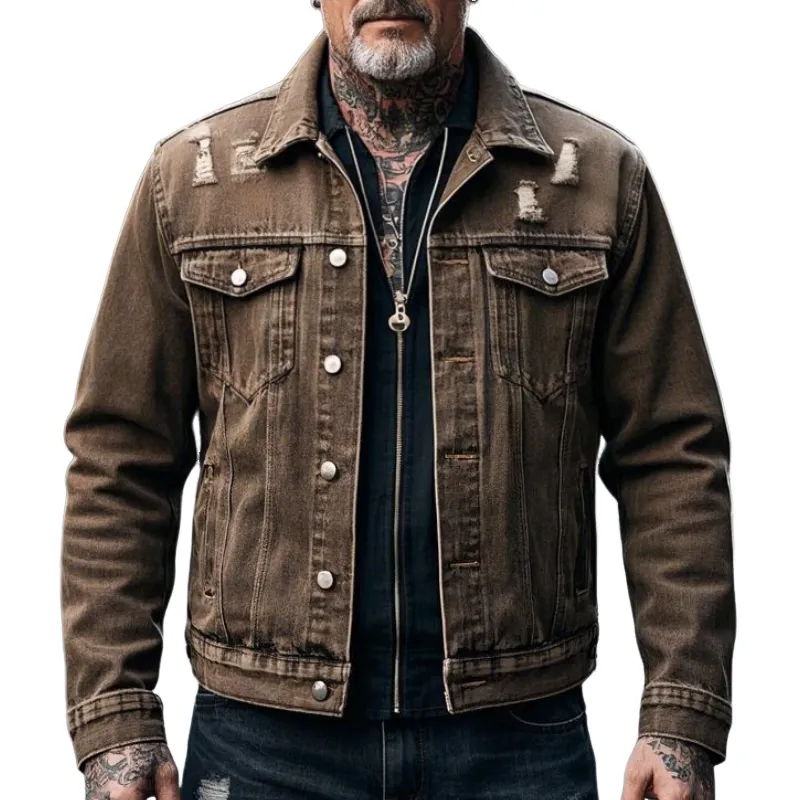 Men's Retro Casual Lapel Ripped Denim Jacket 33434710F sold by Manly