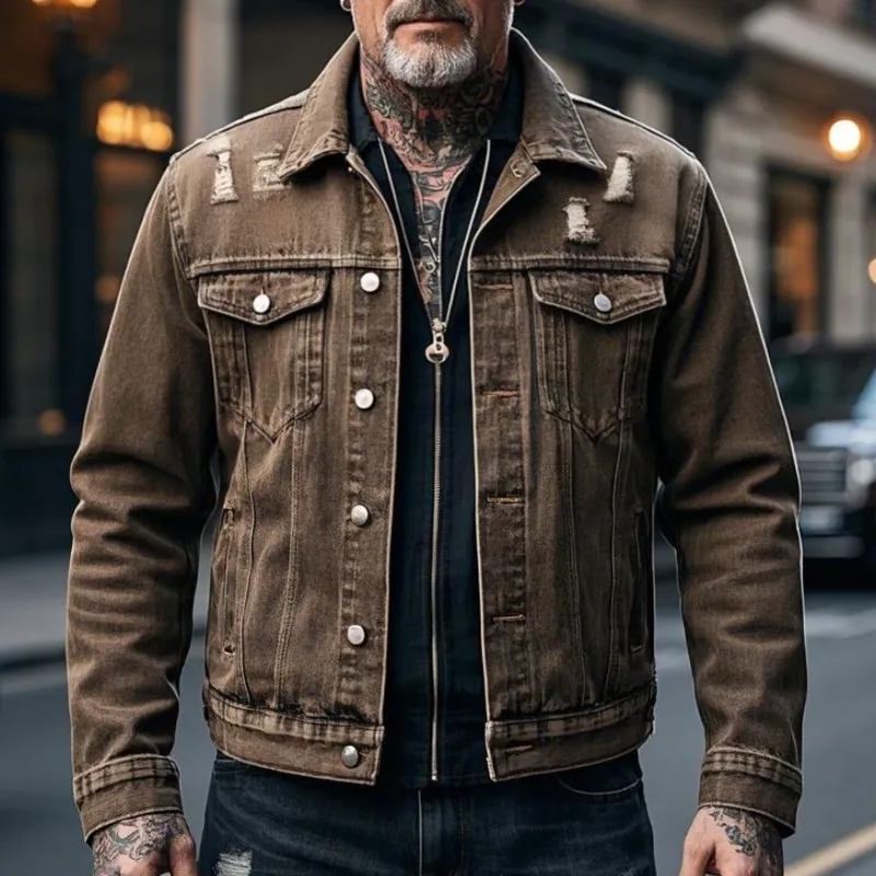 Men's Retro Casual Lapel Ripped Denim Jacket 33434710F sold by Manly product image thumbnail 2