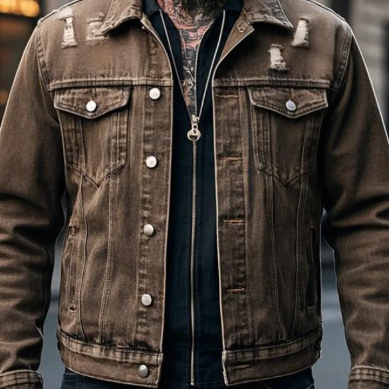 Men's Retro Casual Lapel Ripped Denim Jacket 33434710F sold by Manly product image thumbnail 3