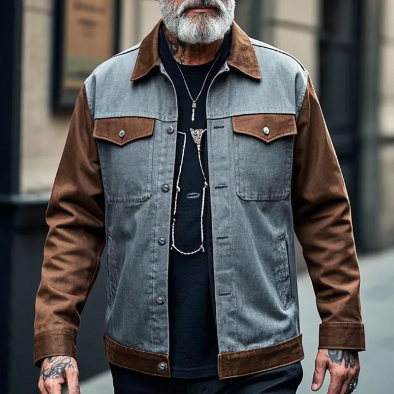 Men's Retro Casual Lapel Patchwork Denim Jacket 03075527F sold by Manly product image thumbnail 2