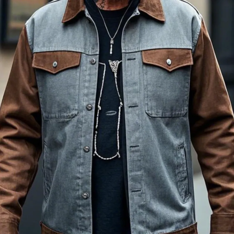 Men's Retro Casual Lapel Patchwork Denim Jacket 03075527F sold by Manly product image thumbnail 3