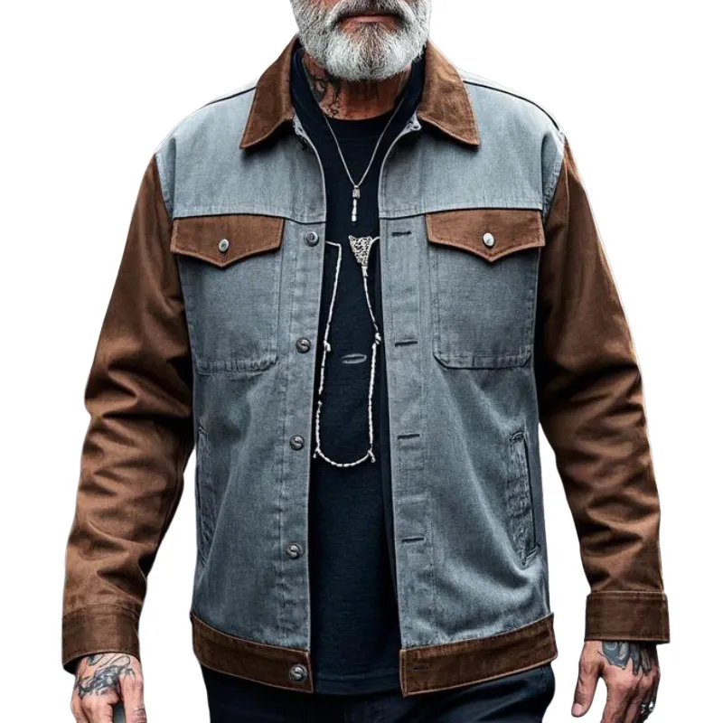 Men's Retro Casual Lapel Patchwork Denim Jacket 03075527F sold by Manly